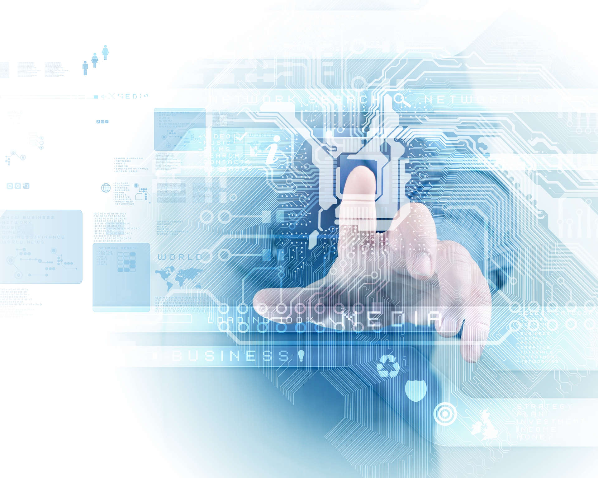 finger touching a floating graphic digital network